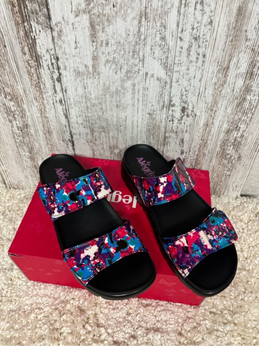 Alegria Women’s Pink Blue Multicolor Abstract Slide Sandals
